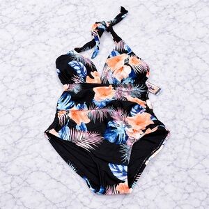 DKNY Tropical Halter One Piece Swimsuit Tummy Control Large NWT